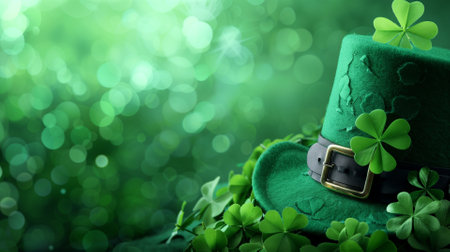 Green leprechaun hat with clover leaves on bokeh backgroundの素材
