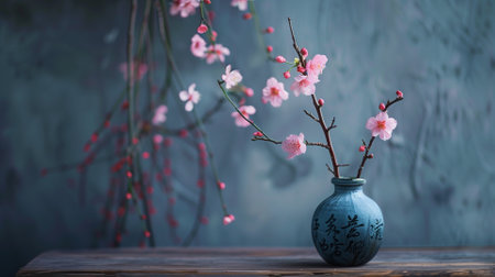 cherry blossom in vase on wooden table with blue wall backgroundの素材