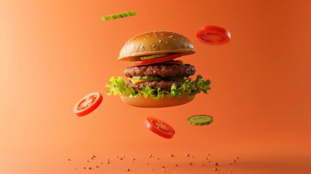 Flying hamburger with flying ingredients on orange background. Fast food conceptの素材