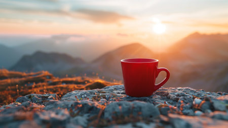 Cup of coffee on the top of the mountain with beautiful sunriseの素材