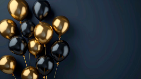 black and gold balloons on blue backgroundの素材