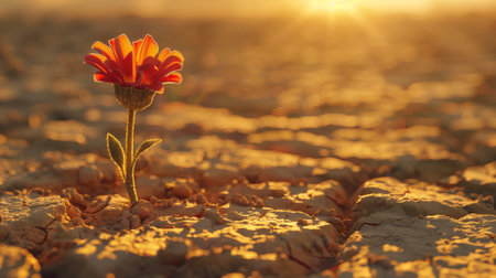 Red flower on the dry cracked earth. Conceptual image of drought.の素材