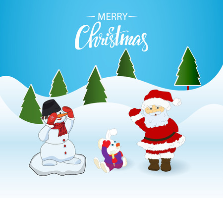 Christmas card Santa Claus,Bunny and snowmanのイラスト素材