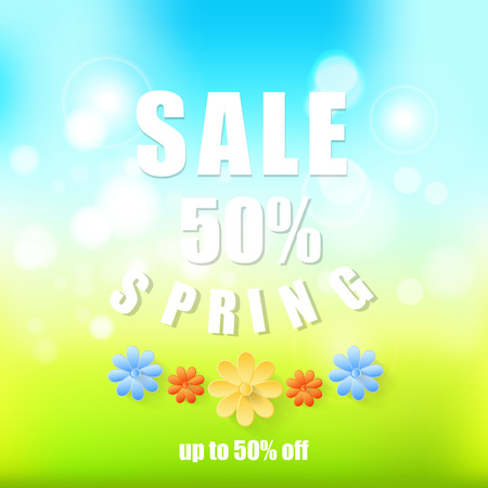 Spring sale background Abstract spring background with paper flowers.Spring 50 discount.のイラスト素材