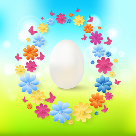 Spring Easter background with white eggs and flowers in the form of a frame.のイラスト素材