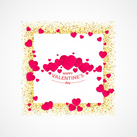 vector of Valentines day greeting card with gold glitter heart, gold frame, couple of red hearts and words happy Valentines day on white backgroundのイラスト素材