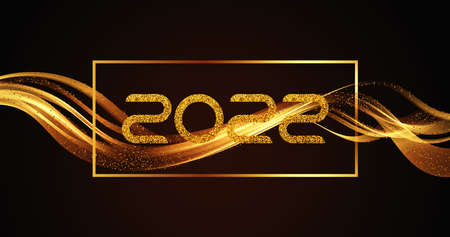 Christmas and New Year 2022 golden waves vector background. Swirl of golden waves with golden sparkles on black background.Vectorのイラスト素材