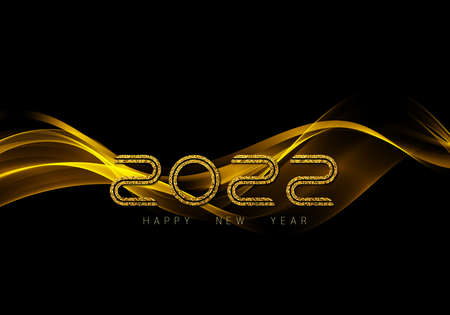 Christmas and New Year 2022 golden waves vector background. Swirl of golden waves with golden sparkles on black background.Vectorのイラスト素材