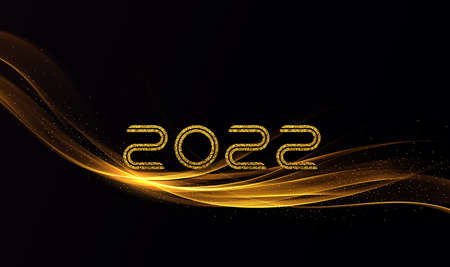 2022 golden waves vector background. Swirl of golden waves with golden sparkles on black background.のイラスト素材