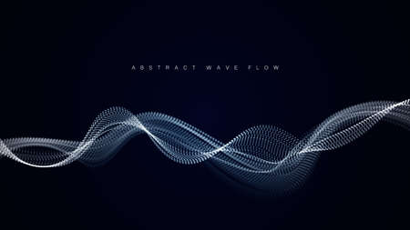 Wave array of shining dots. Wave of dynamic particles flows through the darkness. Dotted curves...