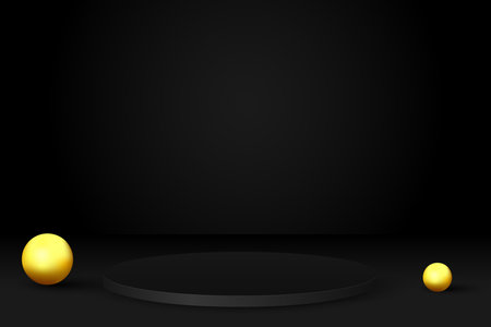 Luxurious black round podium on the background of a dark empty room. Golden ball. Abstract vector 3d shapes for product display.のイラスト素材