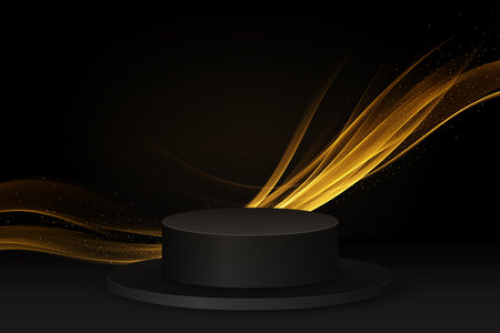 Black stage with golden glittering wave. Transparent wavy lines.Black podium on a black background. 3D scene for product demonstrationのイラスト素材