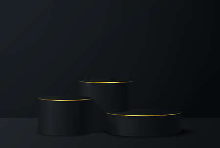 Black, golden realistic podium. Vector abstract studio room with 3D geometric platform. Luxurious minimal stage for product showcase, advertising display.のイラスト素材