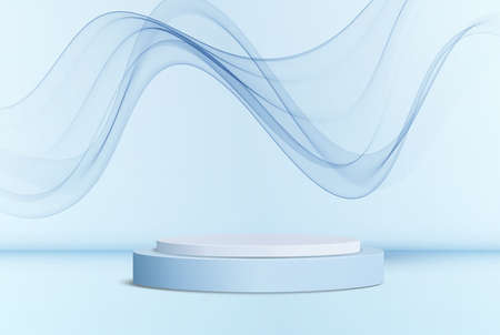 Vector abstract studio room with pedestal or podium. Blue geometric platform with blue wavy waves .Scene for cosmetic product presentation. Showcase, advertising displayのイラスト素材