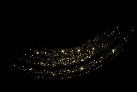 Golden shimmery wavy element. Abstract movement on a black background. Glittering trail of gold...