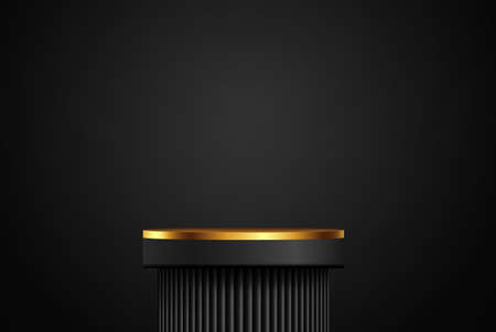 Black vector realistic 3D pedestal with golden elements. Empty space luxury design mockup scene for product.のイラスト素材