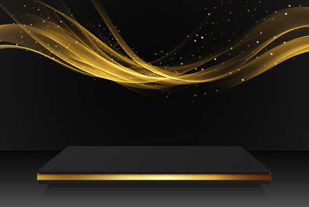 Luxurious black and gold podium, stage with gold glitter and gold abstract transparent wave, dark room.のイラスト素材