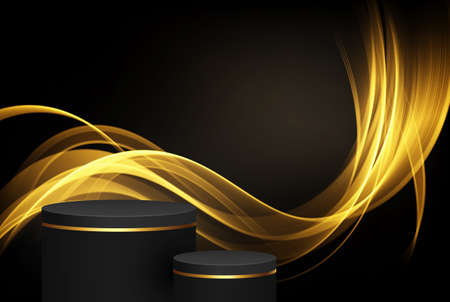 Luxurious black and gold podium, stage with gold glitter and gold abstract transparent wave, dark room. Demonstration promotional products.のイラスト素材
