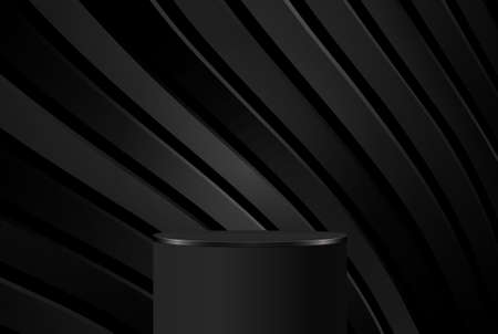 Realistic black 3D cylindrical pedestal on background with black wavy layers. Vector abstract studio room. Minimal scene for showcasing products, advertising display.のイラスト素材