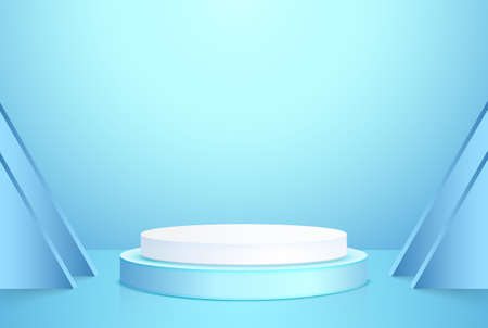 Abstract 3d white and blue cylindrical podium with blue minimal wall stage for product presentation. Platform vector geometric design. Vector illustration.のイラスト素材