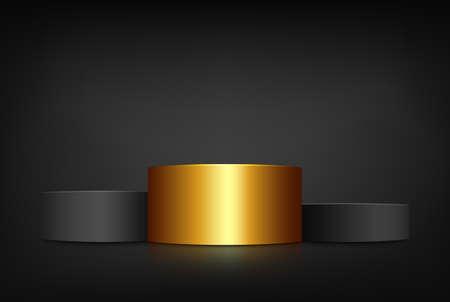 Minimalist stage to showcase your products. 3D black and gold pedestal cylinder on a dark background. Platform or podium.のイラスト素材