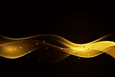 Golden shiny wave flow on black background. Abstract gold glitter wave background.のイラスト素材