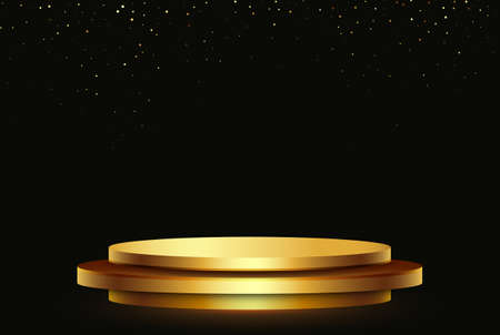 Gold and black podium template. Golden flies podium on a black background with gold glitter confetti.のイラスト素材