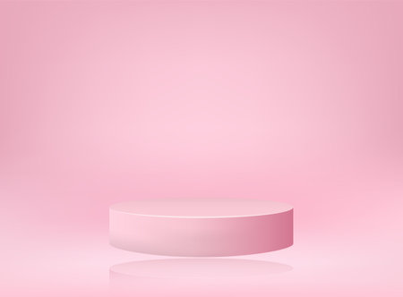 Pink round podium. A pedestal in a pastel-colored room, a cylindrical podium flies in the air.Vector illustration.のイラスト素材