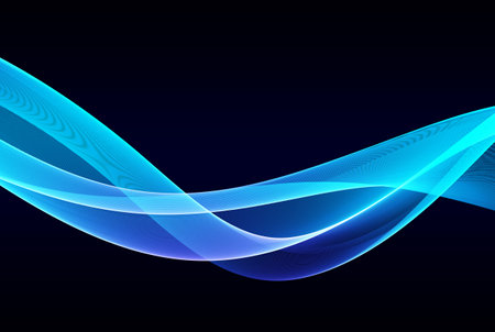 Blue wavy glowing wave flow.Abstract blue wave background on black background.のイラスト素材