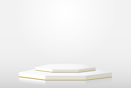 White hexagonal podium. Minimal scene white with gold. Vector rendering of 3d shape, product display presentation.のイラスト素材
