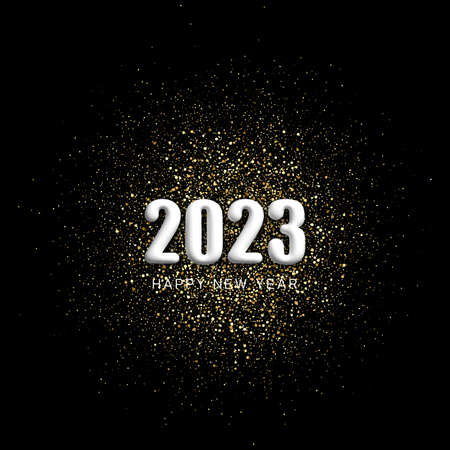 Happy New Year 2023 Gold glitters on black background. Vector holiday backgroundのイラスト素材