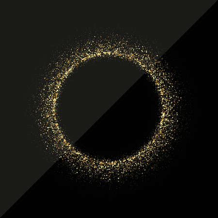 Golden glitter circle frame. Vector gold dust isolated on black background. Template for postcards, wedding invitations, holiday posters and flyers.のイラスト素材