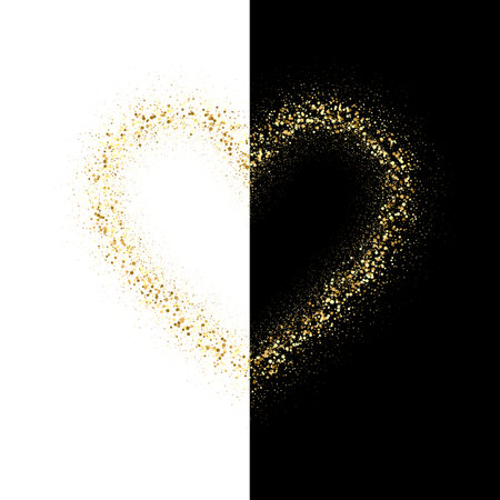 Gold glitter heart frame. Vector gold dust isolated on black and white background. Template for valentine s and mother s day cards, wedding invitations, holiday posters and flyers.のイラスト素材