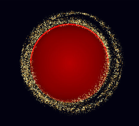 Golden sparkling ring with gold glitter on a dark background. Vector gold and red frame.のイラスト素材