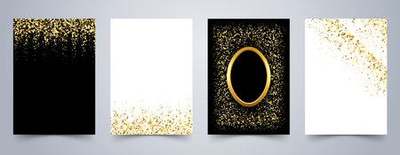 Banners with golden shiny confetti on white and black. Vector flyer templates for wedding, invitation cards, business brochure design, certificates.のイラスト素材