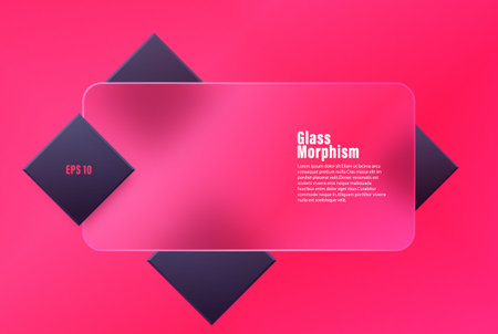 3d glass morphism page template. Transparent rectangular glass plate with black three-dimensional rhombuses.のイラスト素材