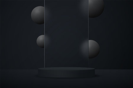 Black round podium with transparent glass and background with black spheres. Abstract vector rendering of a 3d shape to display promotional products.のイラスト素材