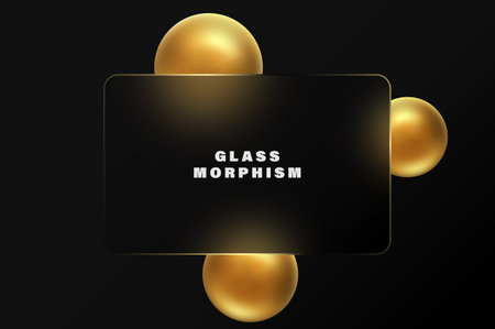 Glassmorphism effect. Rectangular banner made of transparent frosted glass. Golden spheres on a black background.のイラスト素材