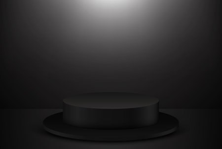 3d realistic vector round stage on dark background.Black round podium for product demonstration and advertising.のイラスト素材