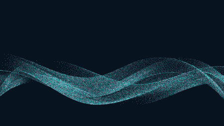 Digital dynamic particle wave. Abstract wave flow on a dark background. Big data visualization, computer technology, artificial intelligence.のイラスト素材
