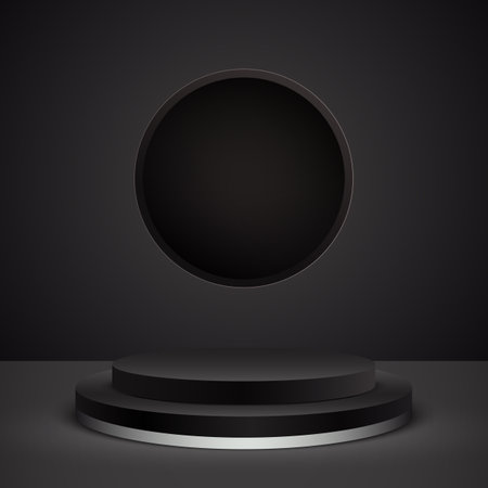 3d realistic vector round stage on dark background.Black round podium for product demonstration and advertising.のイラスト素材