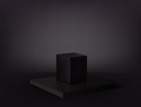 Black rectangular podium with black cube stand. A stage for displaying or promoting products. 3d vector rendering.のイラスト素材