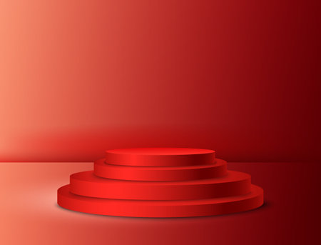 Abstract rendering of a 3d shape for showing or promoting a product. Modern red round podium on a red background.のイラスト素材