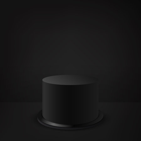 Realistic black studio, black round cylindrical podium on a black round shiny stand. Stage for display or promotion of goods.のイラスト素材