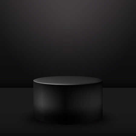 Realistic black studio, dark cylinder podium with shadow, vector illustration.のイラスト素材