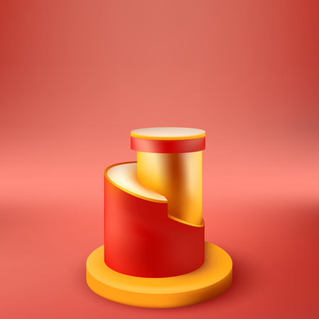Red round product podium 3D background. Minimal scene layout stage for showcase, advertising display. Abstract vector geometric shapesのイラスト素材