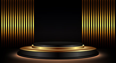 Modern black and gold cylindrical podium with vertical gold stripes on the background. Studio room with a minimal stageのイラスト素材