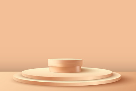 Abstract beige and brown studio room with a round beige podium. Cylindrical pedestal. Minimal scene for product demonstration.のイラスト素材