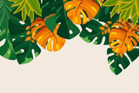 Green tropical leaves on a light background.Vector background concept Hello summerのイラスト素材