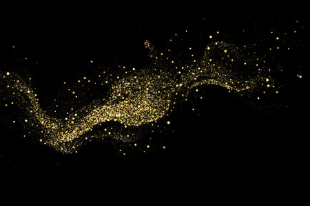 Texture of gold glitter, on a black background. Abstract golden color particles, confetti glitter explosion. Festive background.のイラスト素材